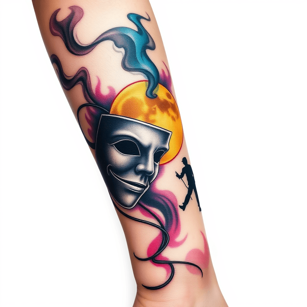 Back Of Forearm Tattoo Of Smoke Turning Into Theater Mask With A Full Moon And Peter Pan