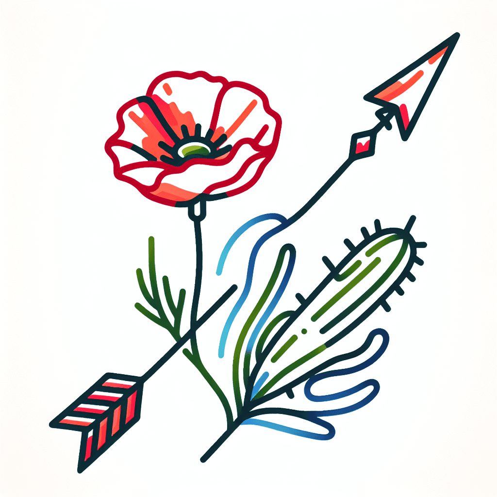 Single line "A poppy a single yucca plant and a arrow" Tattoo Design