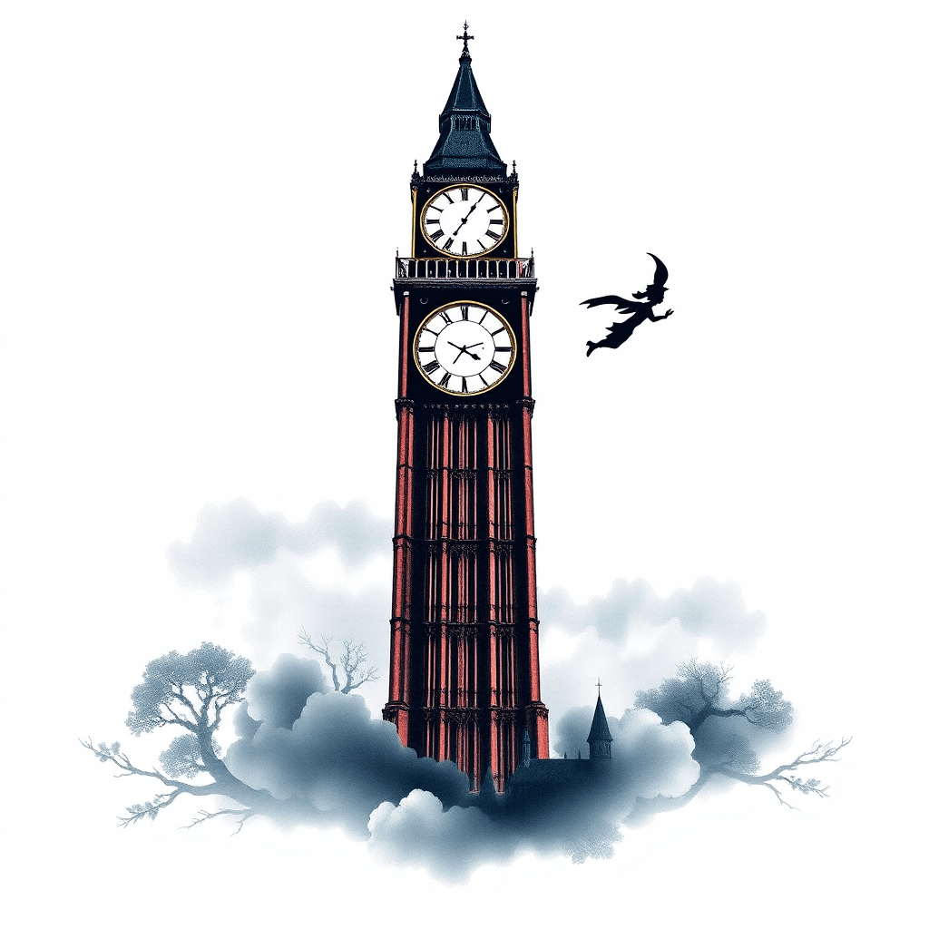 Clock Tower With Silhouette Of Peter Pan Flying Surrounded By Clouds And Fog
