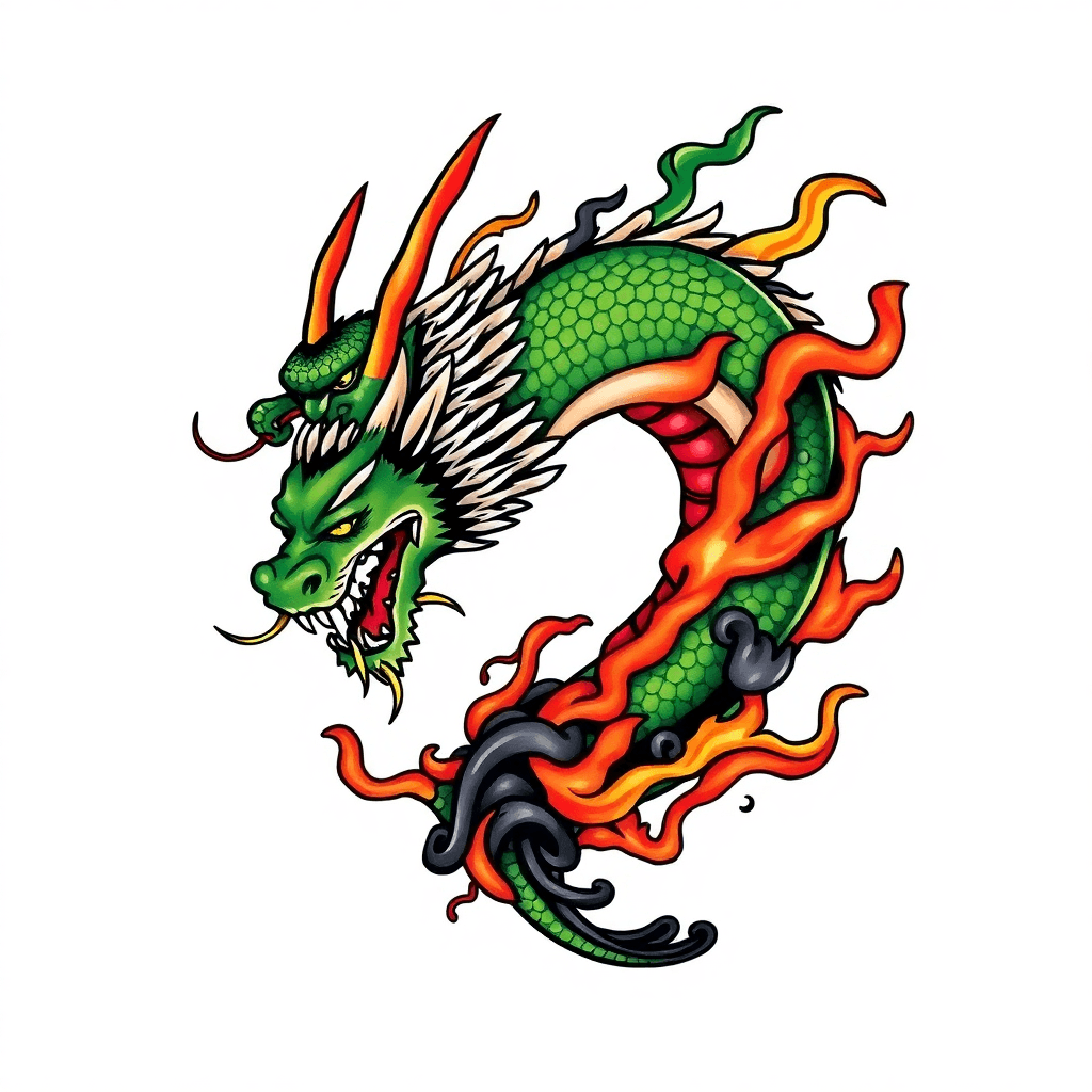 Um Dragão Verde De Asas Fortes, Soltando Fogo, Enroscado Em Correntes Grossas Douradas E Arames Farpados Preto, Desenho Esse Com Contorno De Fumaça E O Fundo Branco