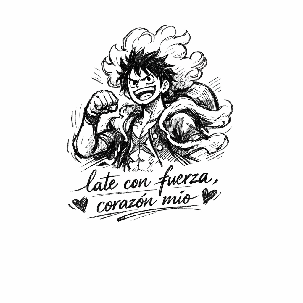 Tatuaje Con La Frase "late Con Fuerza, Corazon Mio" Junto Con Gear 5 Luffy. Tatuaje Pequeño Que Pueda Ser Colocado En El Lado Izquierdo Del Pecho, Junto Al Corazon