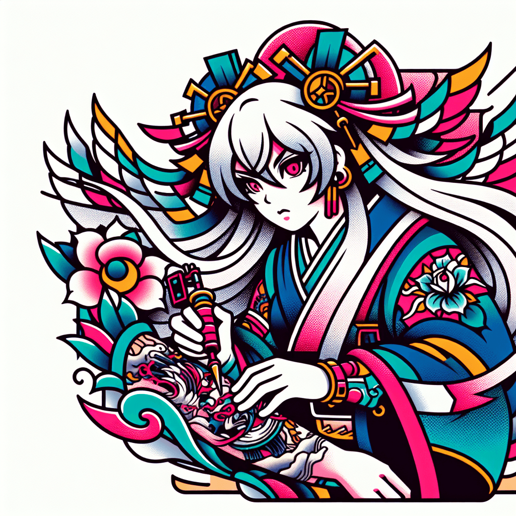 Anime Girl With White And Pink Hair With Pink Eyes Tattooing Someone