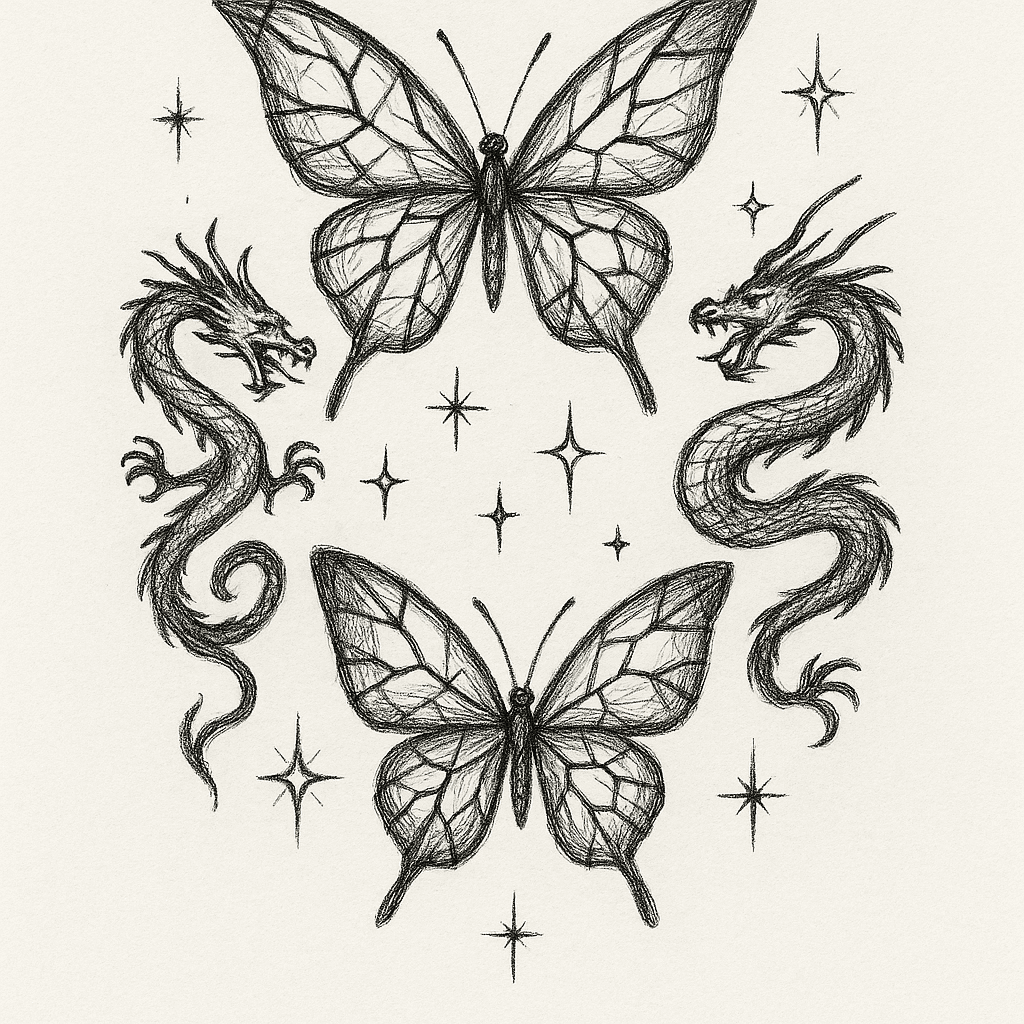 Back Tattoo: Butterflies Made Out Of Cracked Glass, Twinkling Stars And Dragons, Everything The Same Size.
