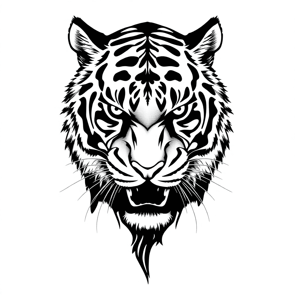 A Tattoo Design In A Transparent Background, Of A Fierce Tiger Staring Death On Front Of You With Skin Color Left Transparent And Only The Black Outlines Visible