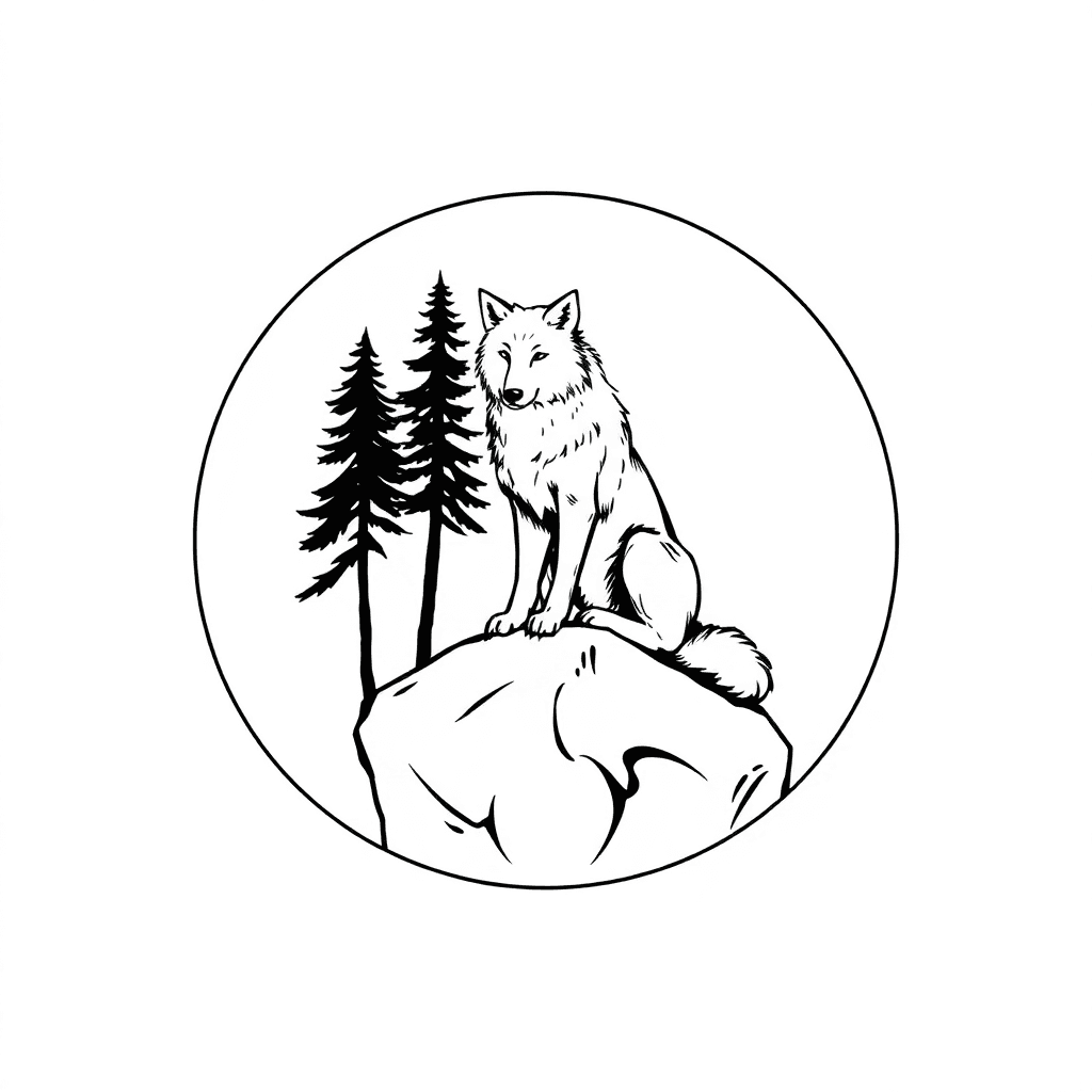 Calm Wolf Sitting On A Rock With Trees And Round Frame Around It