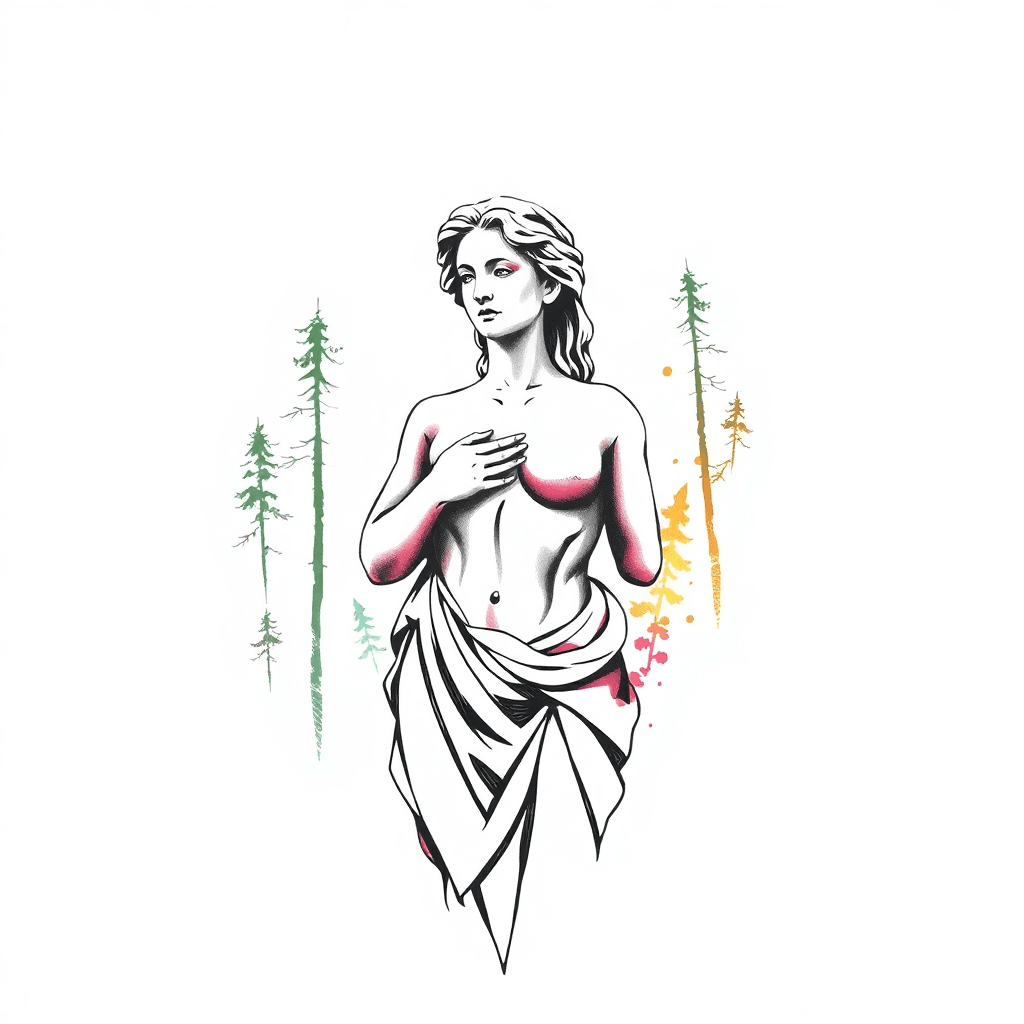 Woman Statue With Chest Opening Up And Background Forest
