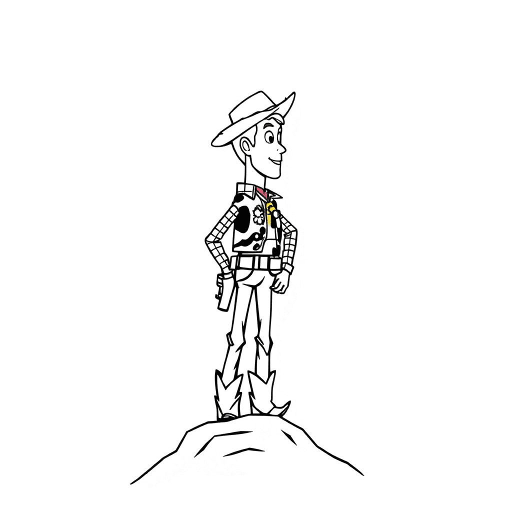 Woody Standing Tall On A Hilltop, Looking Into The Distance With Determination. The Image Should Be In Clean Line Art Style, With No Black Fills, And Only Simple Outlines To Define The Character. No B