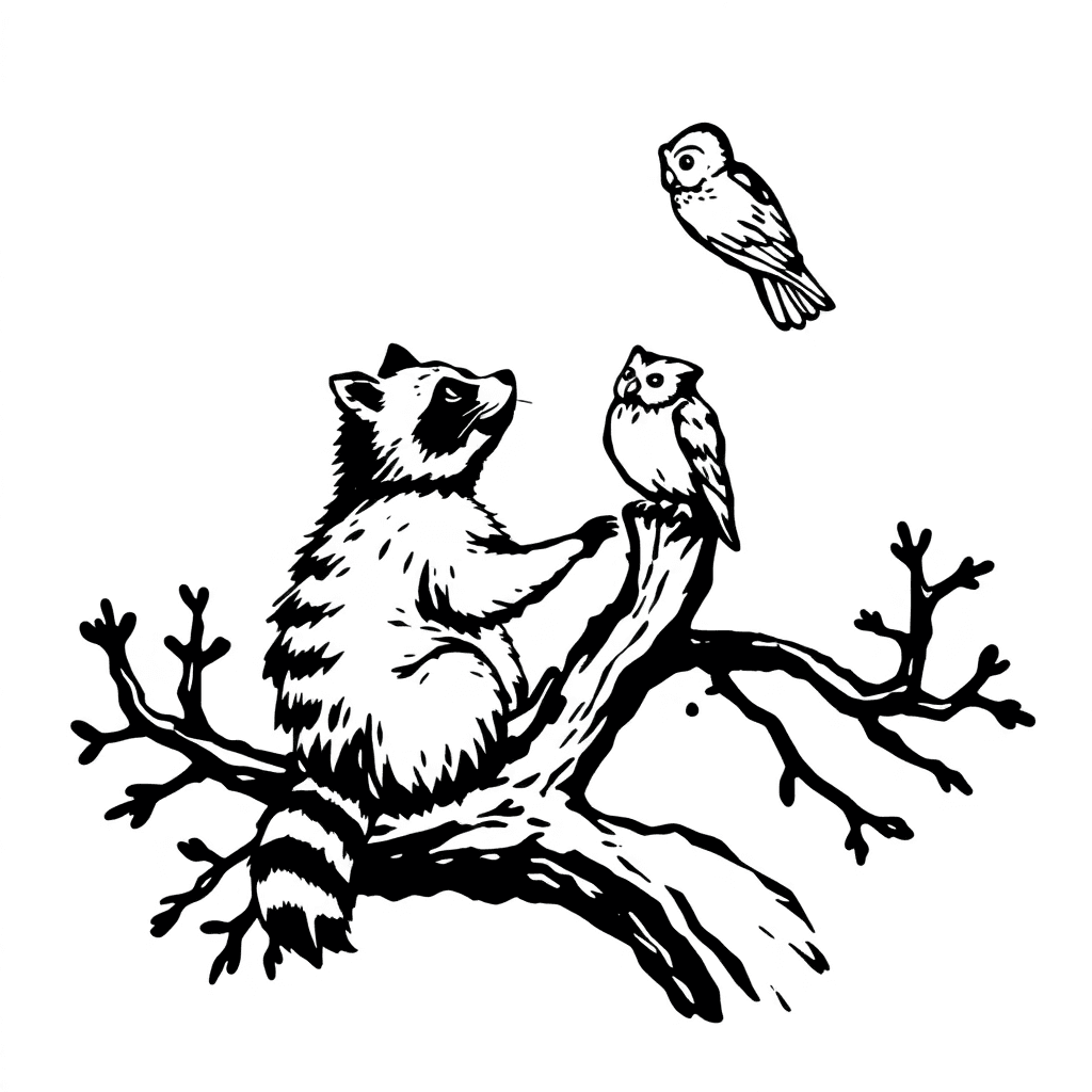 A Raccoon Sitting In A Tree Looking Up To An Owl