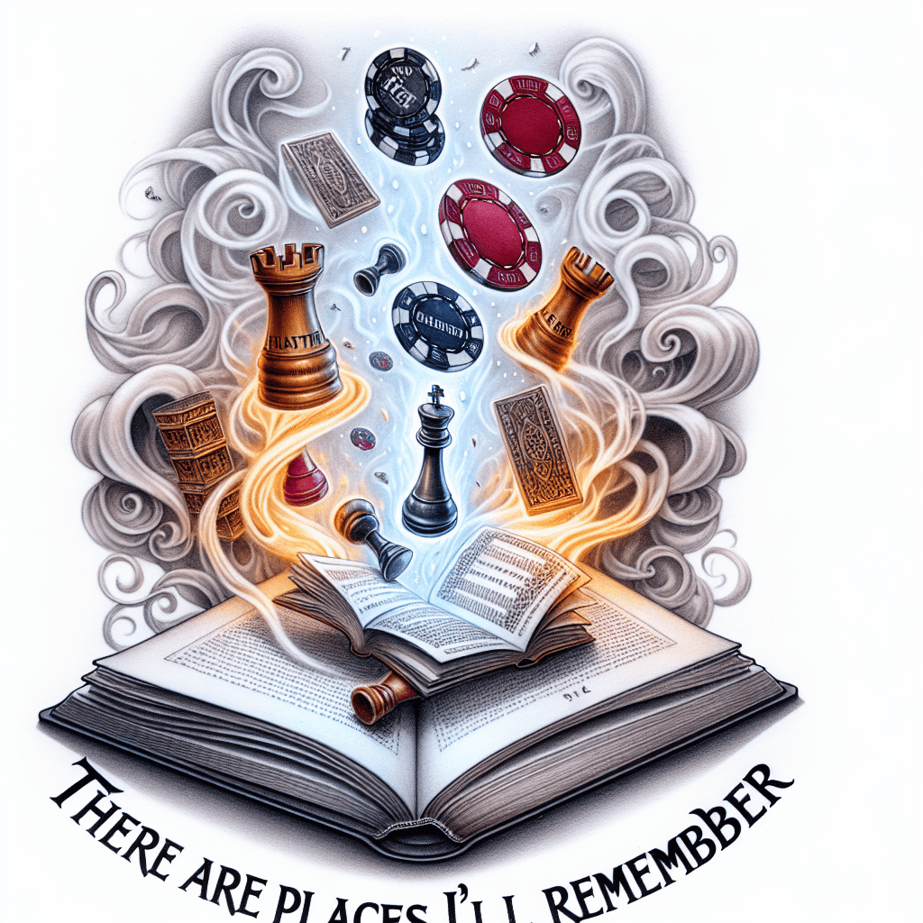 A Book Titled “hiraeth” Opened With Poker Chips And Chess Pieces Magically Flying Upwards With Smoke And With The Words “there Are Places I’ll Remember”