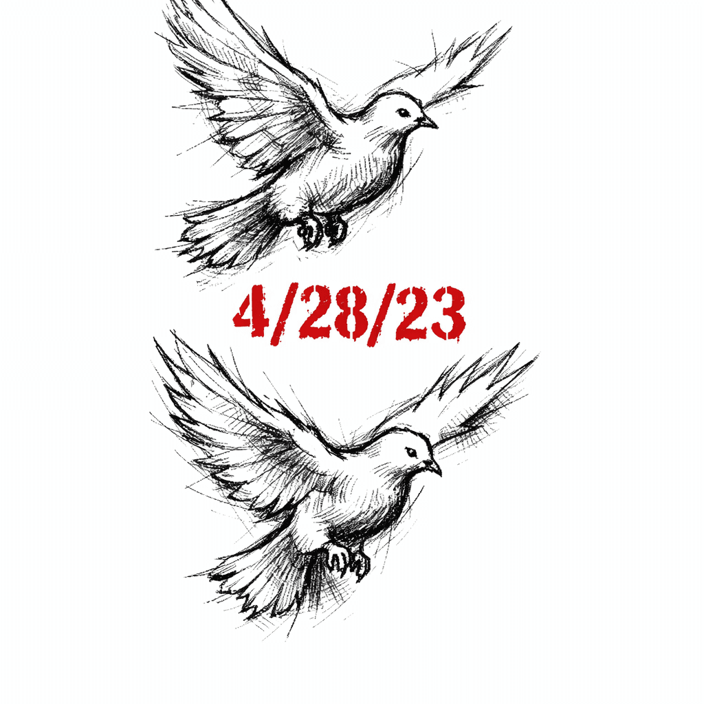 Two Doves One Right Above The Other With The Date 4/28/23 In Red Ink Between The Doves