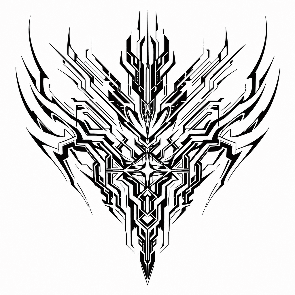 Cybersigilism "sharp cybersigil chest piece with mirrored tribal forms" Tattoo Design