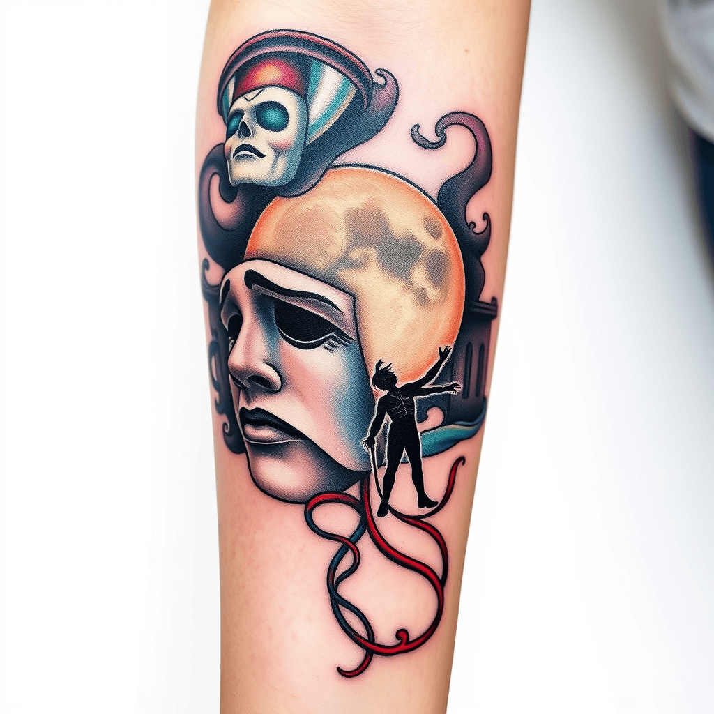 Back Of Forearm Tattoo Of Smoke Turning Into Theater Mask With A Full Moon And Peter Pan