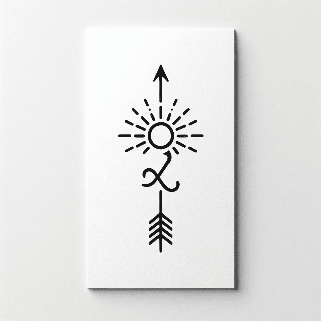 Single line "Uma seta com um sol, o símbolo do zodíaco de leao, estilo minimalista" Tattoo Design