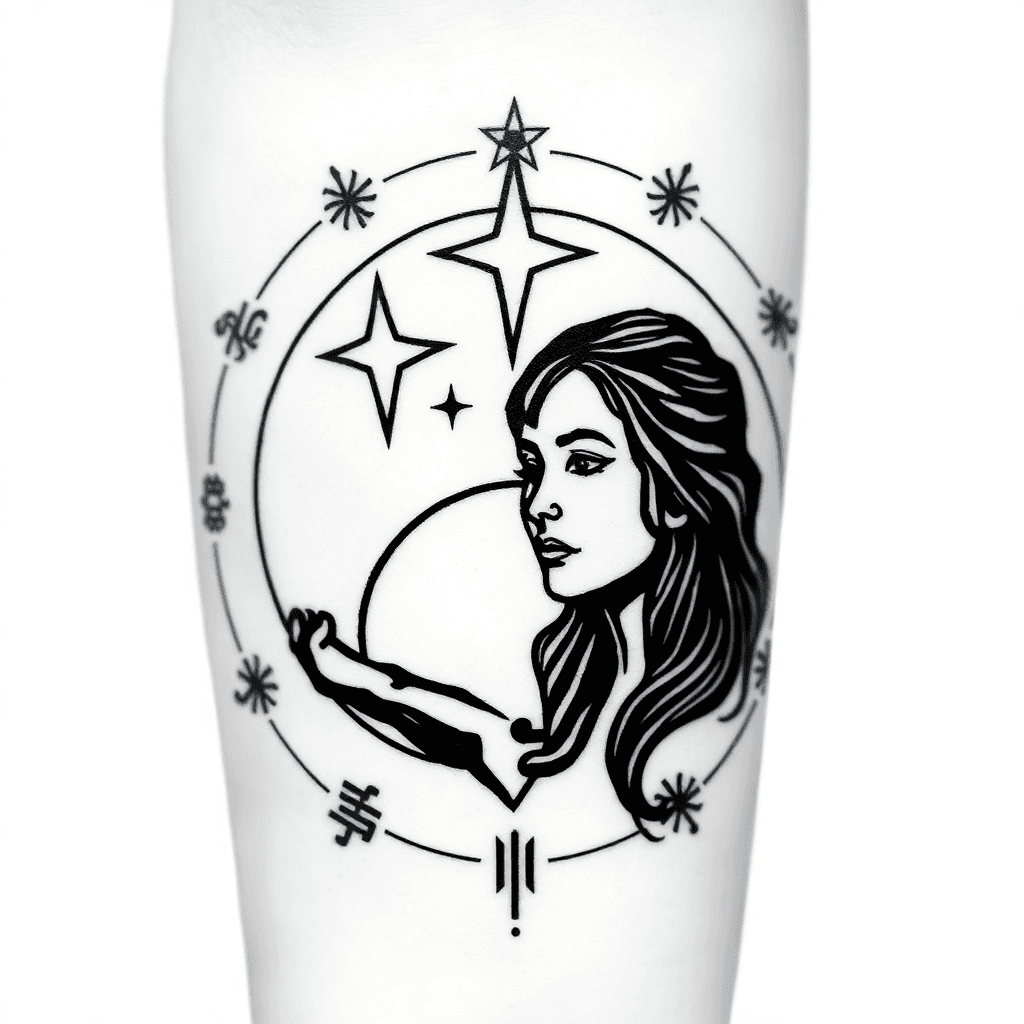 Zwei Sterne Am Firmament, Halbmond Im Hintergrund Umgeben Von Magischen Zeichen. Unterarm Tattoo
