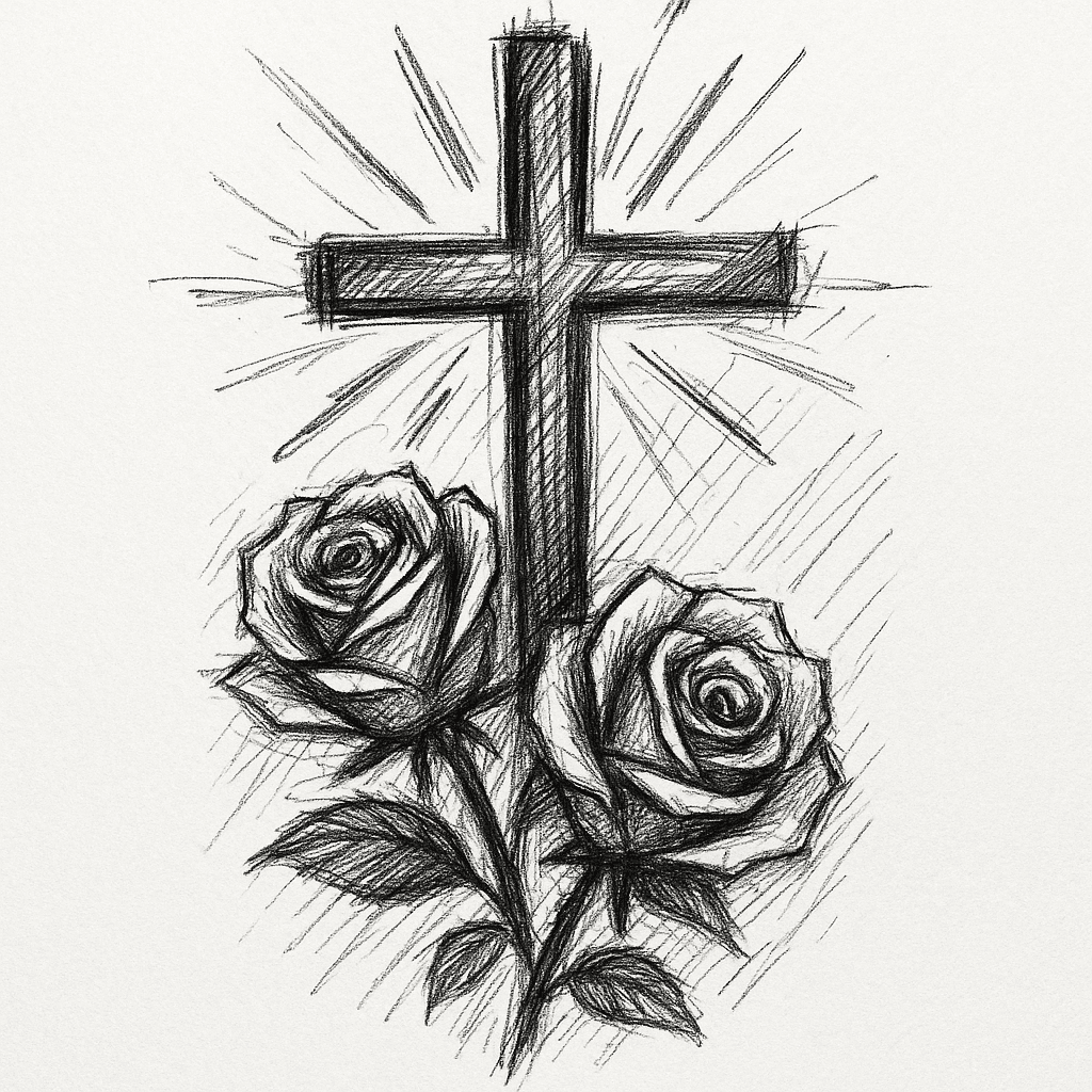 Two Roses And Cross With Rise Background