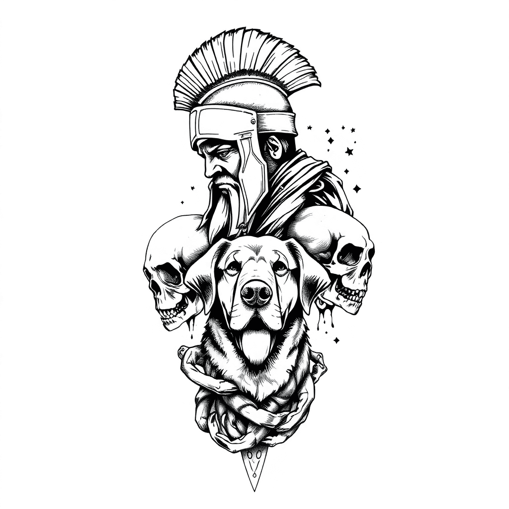 Sleeve Tattoo, Roman Warrior, Skulls, Dog And Father Memory