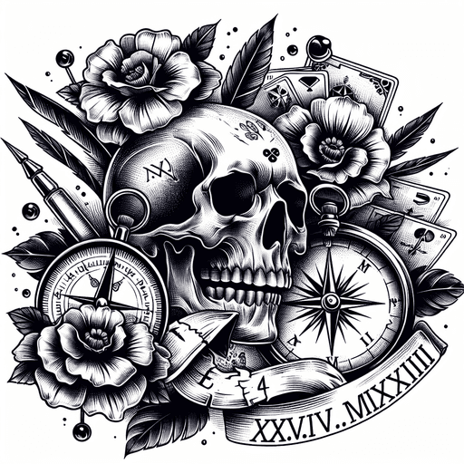 A Skull With Flowers, Compass, Cards, The Text "xx.iv.mmxiii"