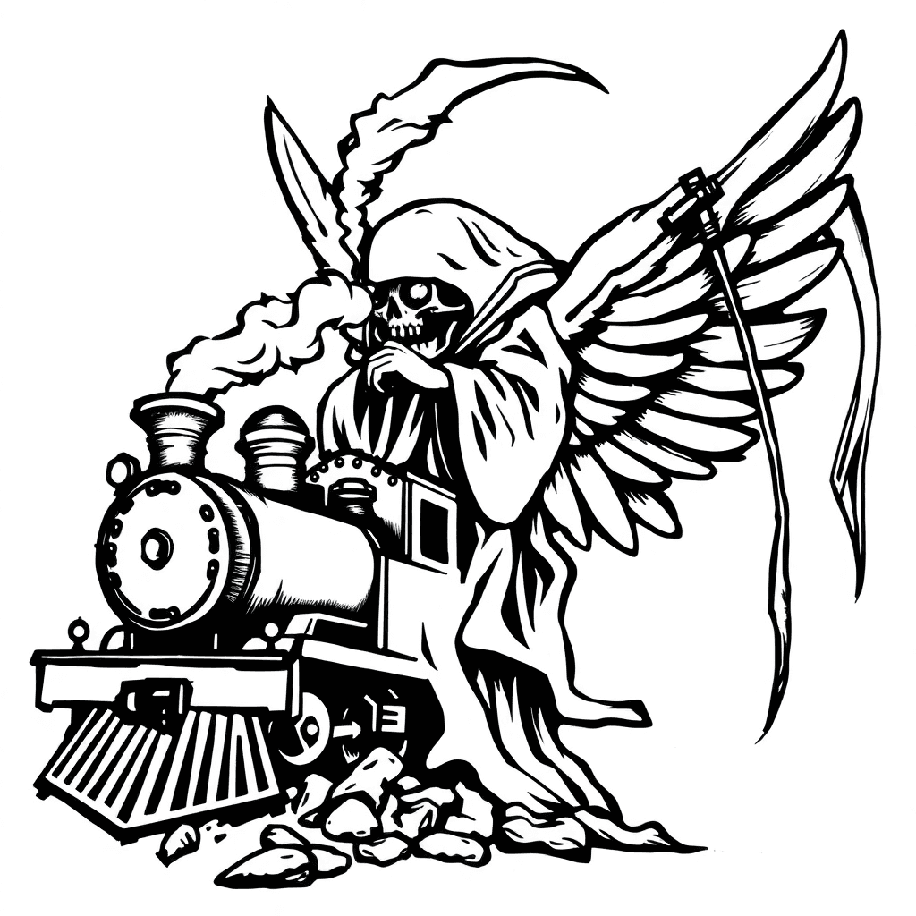 Angel With A Steam Train And A Grim Reaper