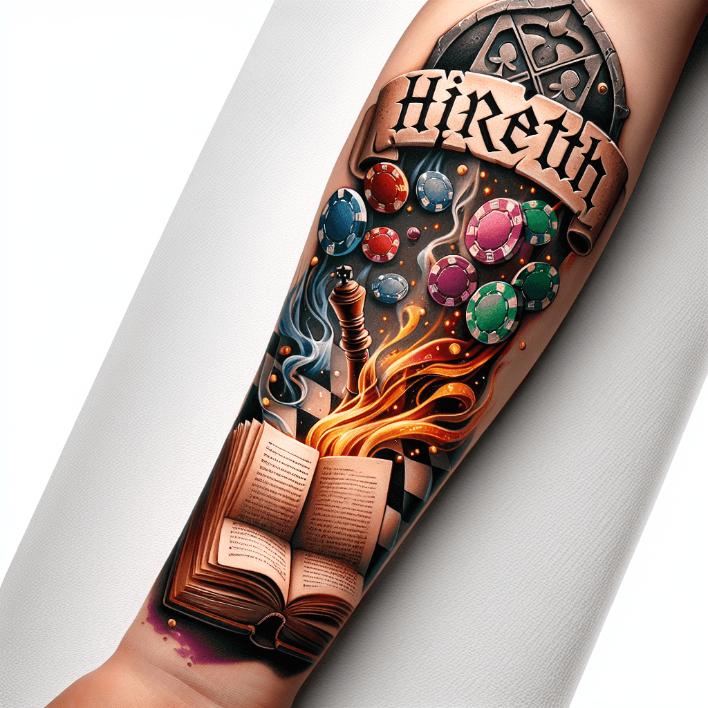 Forearm Tattoo Of An Open Book With Poker Chips And Chess Pieces Flying Out And Up With Smoke And Light And The Word “hiraeth” Carved In A Stone Banner
