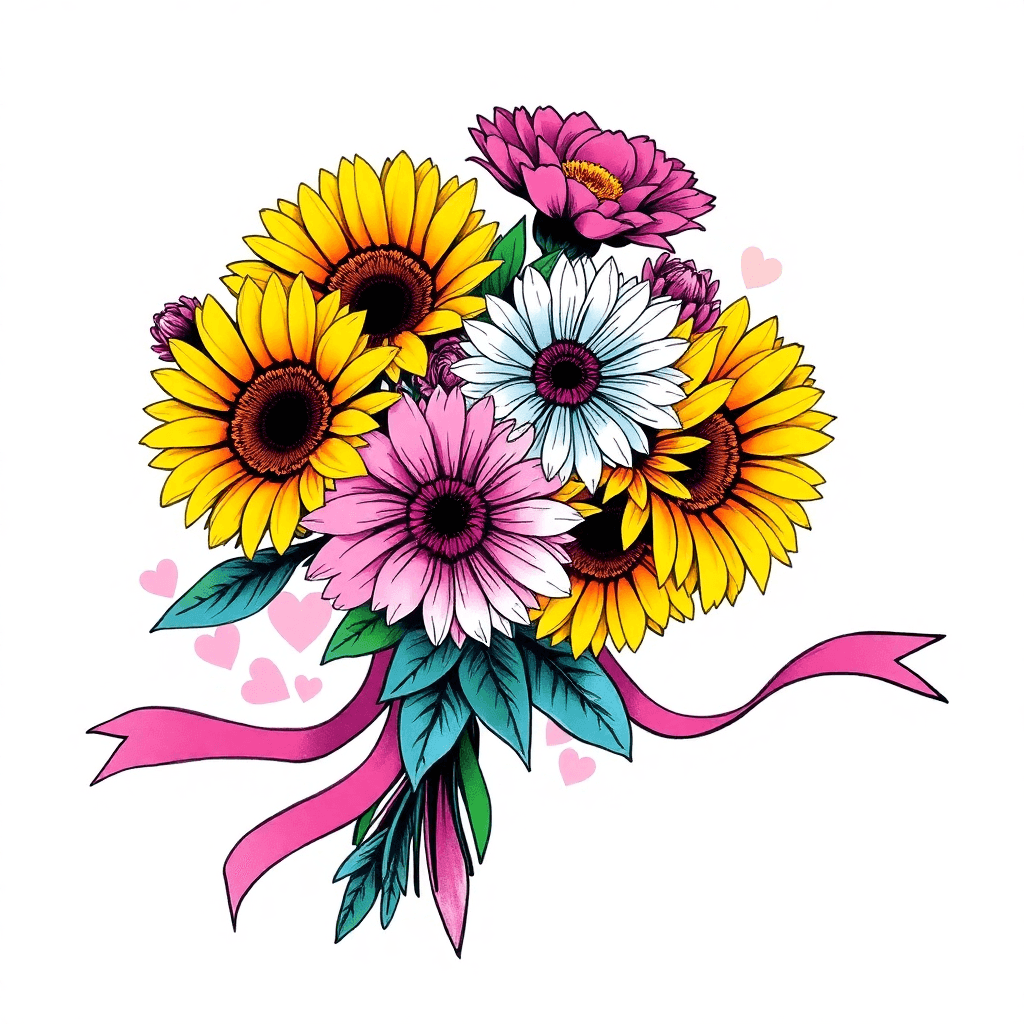 A Bouquet Of Carnations, Sunflowers, Daisies Wrapped In A Pink Ribbon