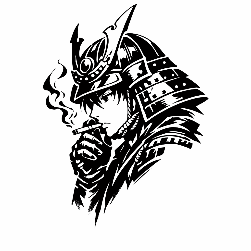 Realistic Neo-japanese Portrait Tattoo Of A Single Samurai Smoking On The Upper Outer Arm. Focus On A Solitary Samurai Wearing A Traditional Kabuto (helmet) With Subtle Crest Details, Holding A Cigare