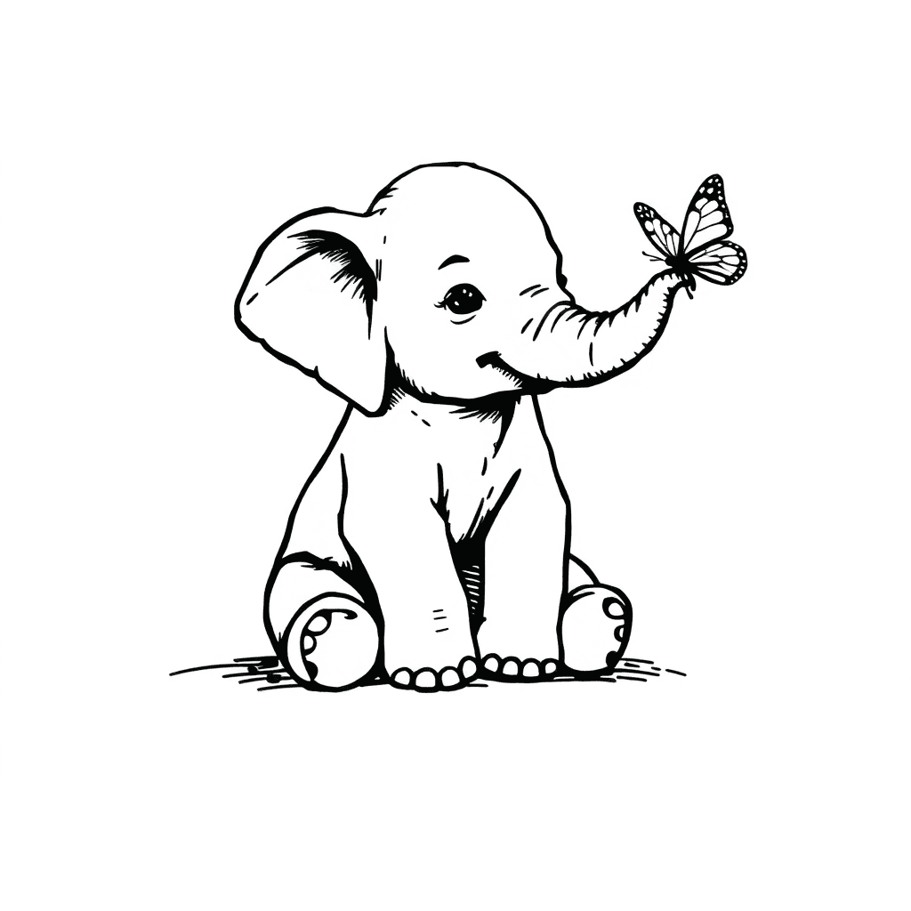 Baby Elephant Sitting With A Butterfly On The End Of It's Trunk