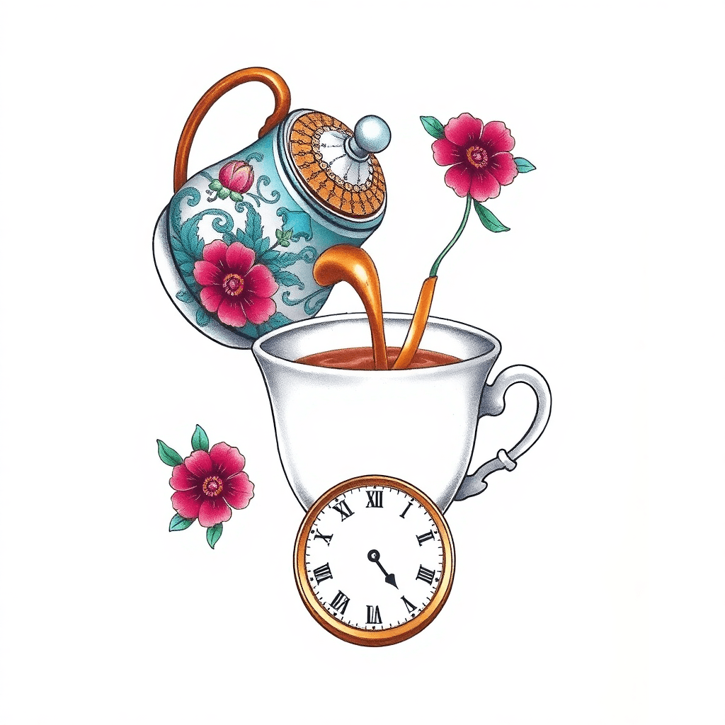 Decorative Tea Pot Pouring Into A Tea Cup. And A Stop Watch Below The Cup With Roman Numerals