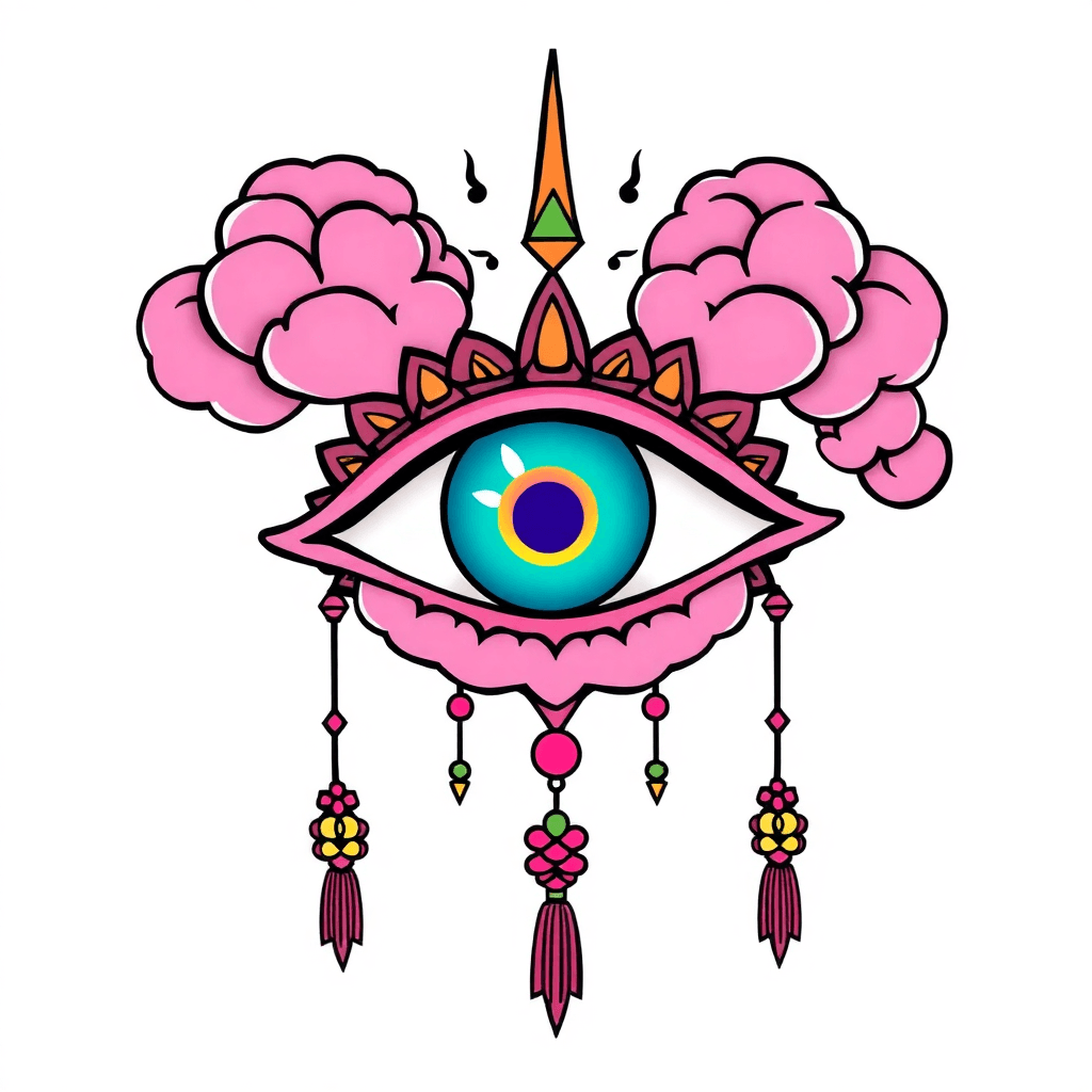 Traditional "Mauve, teal toned trippy third eye. Incorporating big clouds, dangling charms, and a Kawaii aesthetic. Sticker style. Line work." Tattoo Design