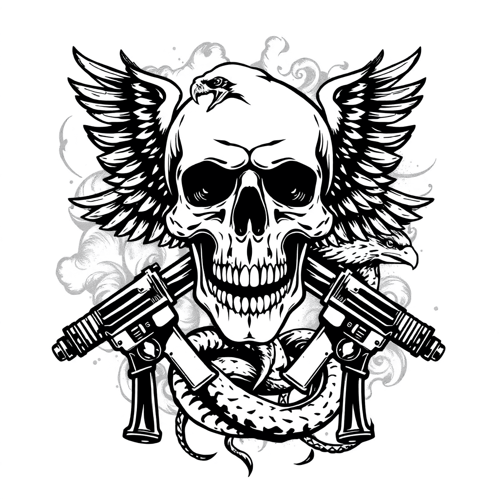 A Skull With Guns And Snake And Eagle With Smoke Background
