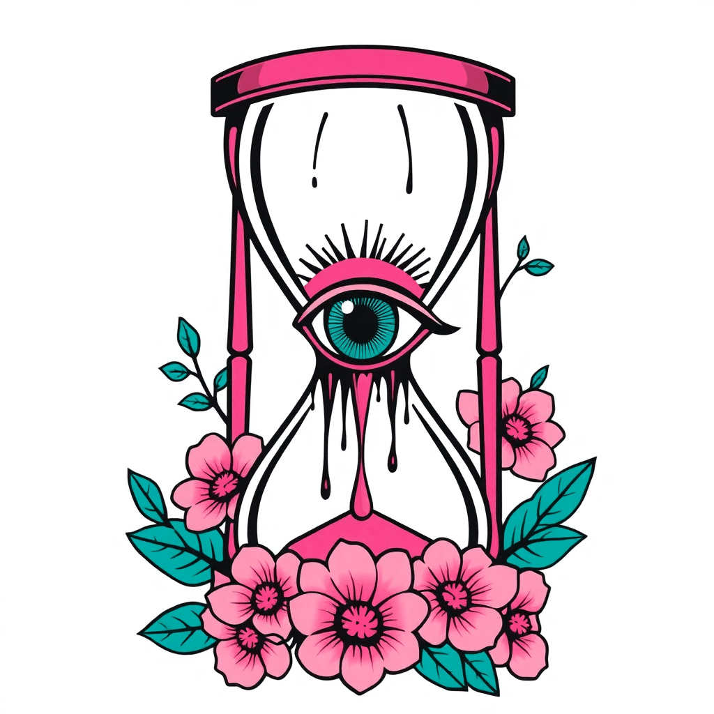 Stencil Of A Trippy Drippy All Seeing Eye Inside Of An Hourglass With A Warped Vortex Numerical Code Designs. Sticker Style. Feminine Floral Lillie Foliage