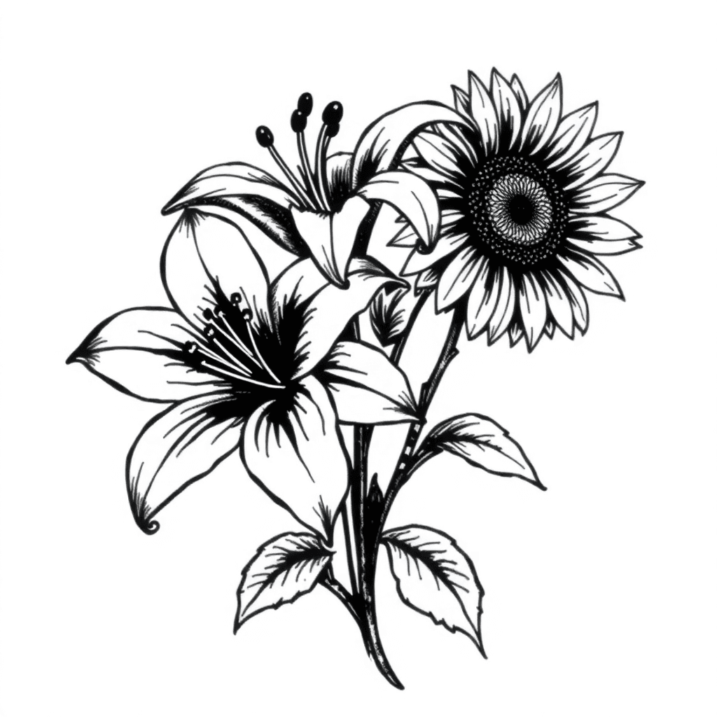 Two Lillies And A Sunflower