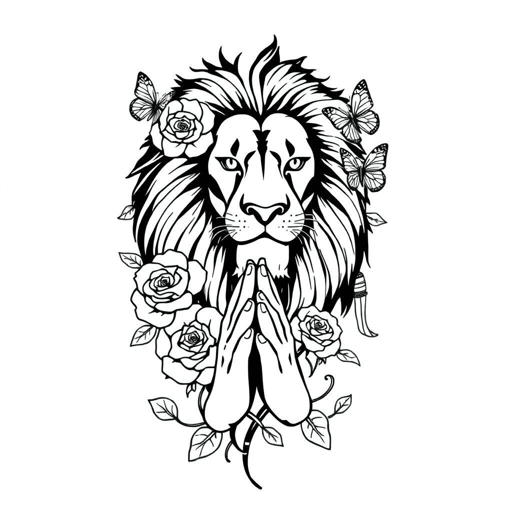 Lion With Roses And Butterflies With Praying Hands