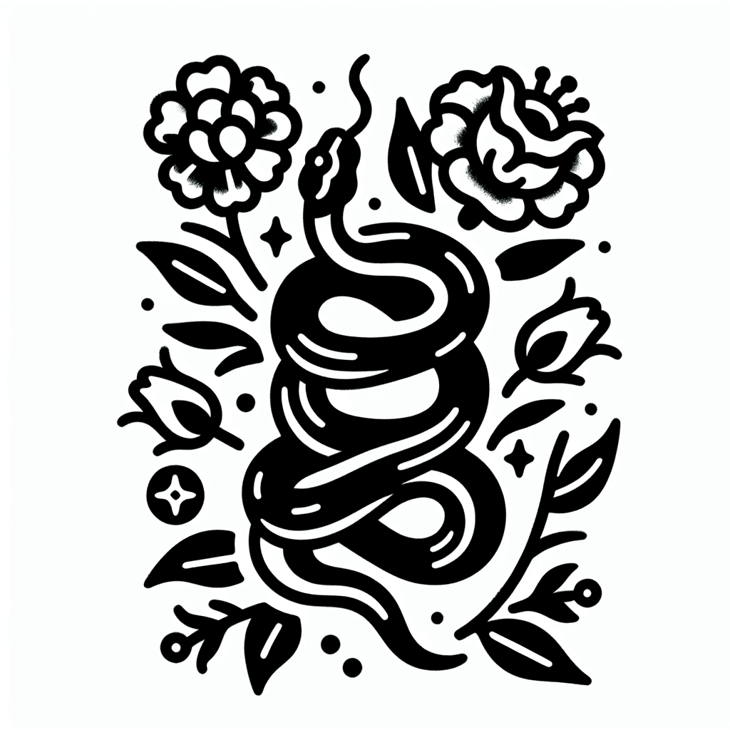 Traditional "Small snake wrapping flowers" Tattoo Design
