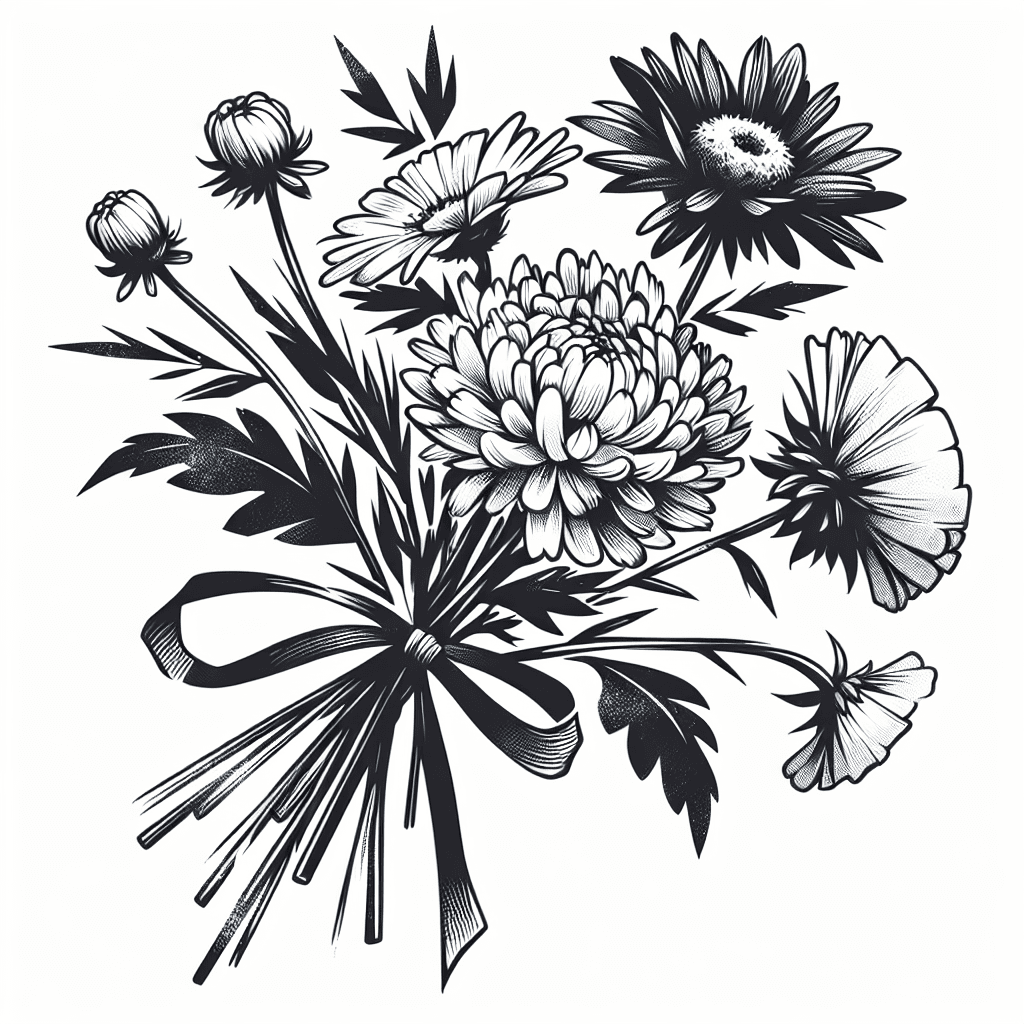 Chrysanthemum, Morning Glory, Aster, Poppy, And Cosmo All On Stems Tied With A Bow