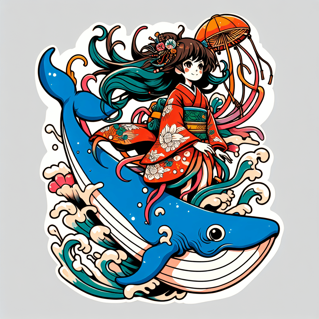 Anime Girl With Jellyfish Hair Riding A Whale