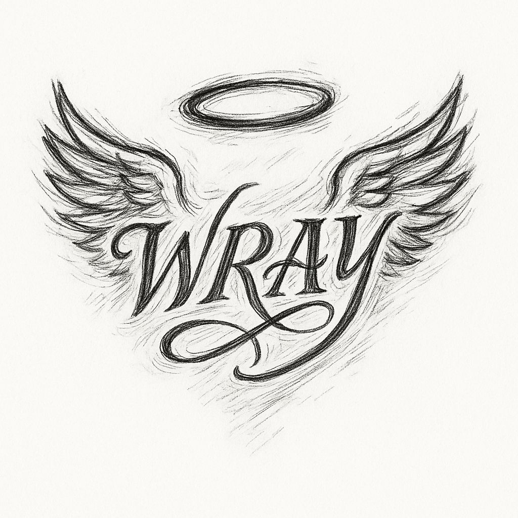 My Mums Name "wray" In Fancey Writing With Wings Around It And A Halo