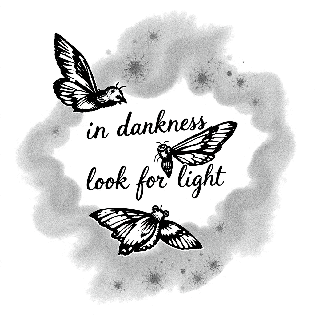 Quote "in Darkness, Look For Light" Surrounded With One Flying Moth And A Resting Moth. Surround This With Dark Shadows