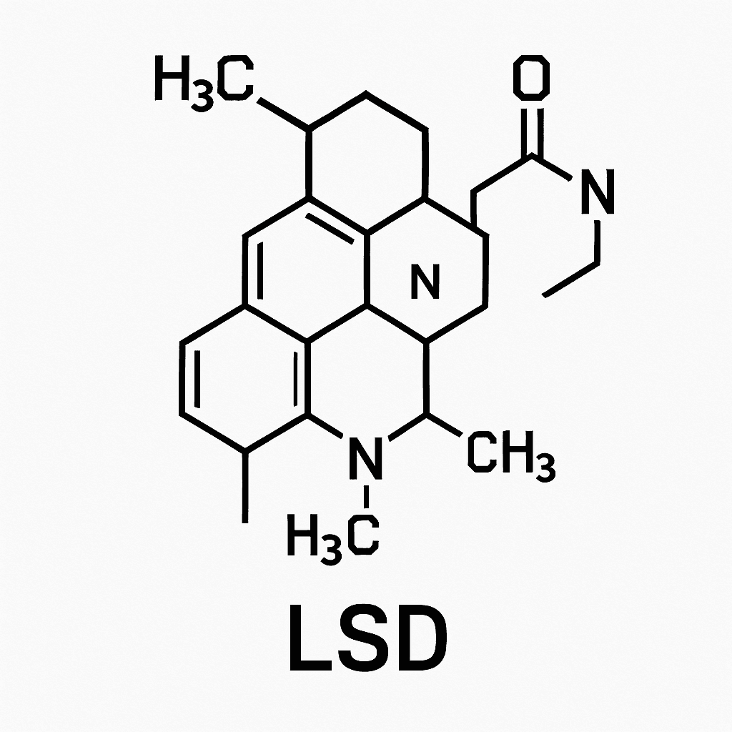 Minimalist Black Ink Tattoo Of The Lsd Molecule In Chemical Structure Style, Clean Thin Lines, No Shading, Precise And Compact Layout, Scientific Look