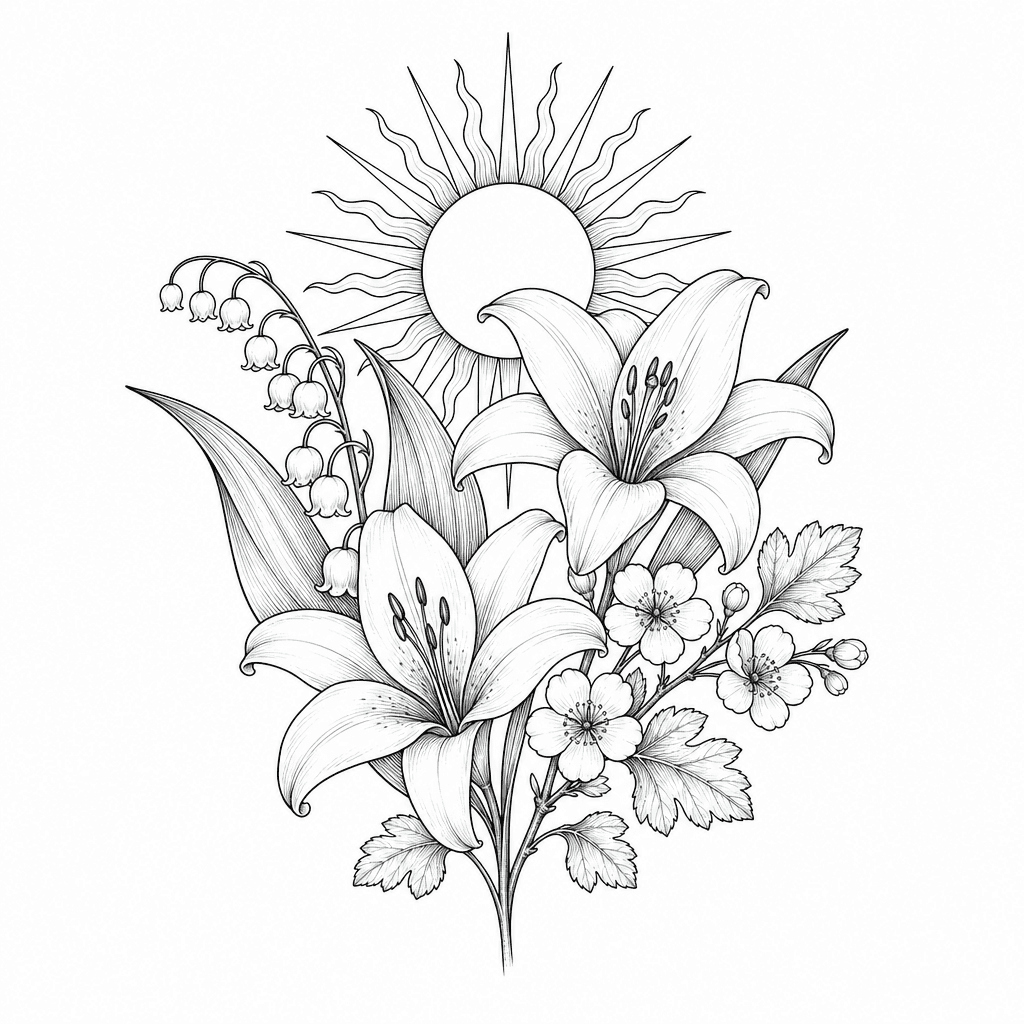Lily Of The Valley, A Couple Of Big Lilys, Hawthorn And A Sun