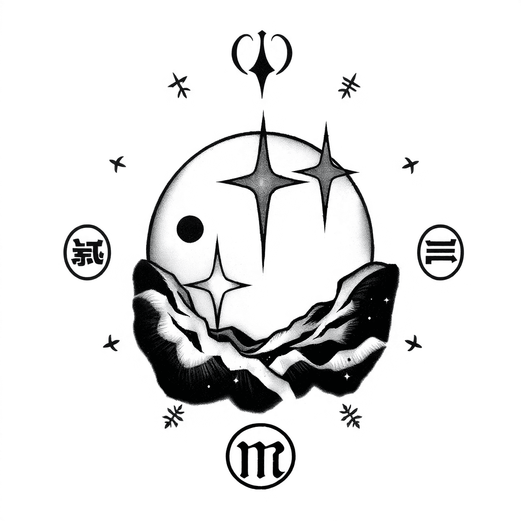 Zwei Sterne Am Firmament, Mit Halbmond Im Hintergrund Umgeben Von Magischen Zeichen. Unterarm Tattoo