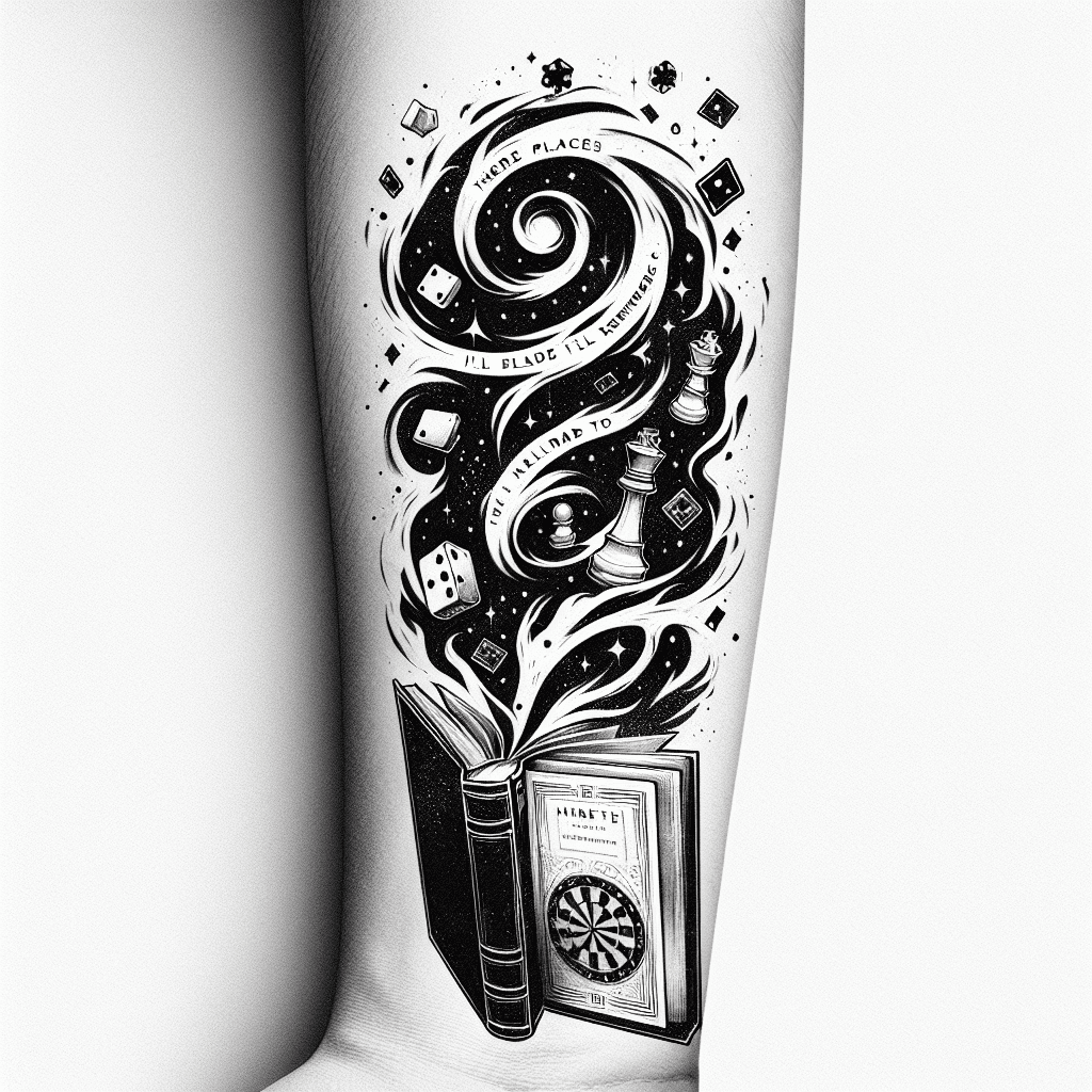 Forearm Tattoo Of A Book Titled "hiraeth" Opened With Poker Chips And Chess Pieces Magically Flying Upwards With Smoke And With The Words "there Are Places I'll Remember"