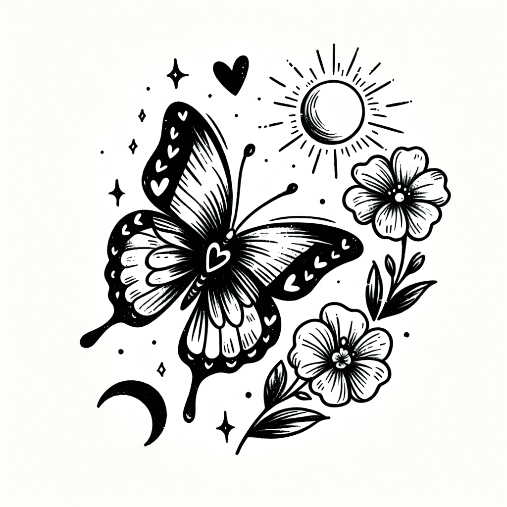 Uma Borboleta Com Uns Corações Bem Pequenos De Detalhe, Uma Flores Bem Delicadas E Lindas E Um Sol Pequeno Em Cima Da Borboleta E Uma Lua Pequena Embaixo Da Borboleta