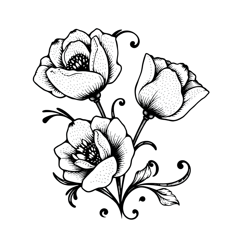 Highly Detailed Symmetrical Floral Tattoo Design, Inspired By Ornamental Vintage Linework. Three Stylized Blooming Flowers (like Tulips Or Peonies) With Flowing, Curved Leaves And Decorative Swirls.