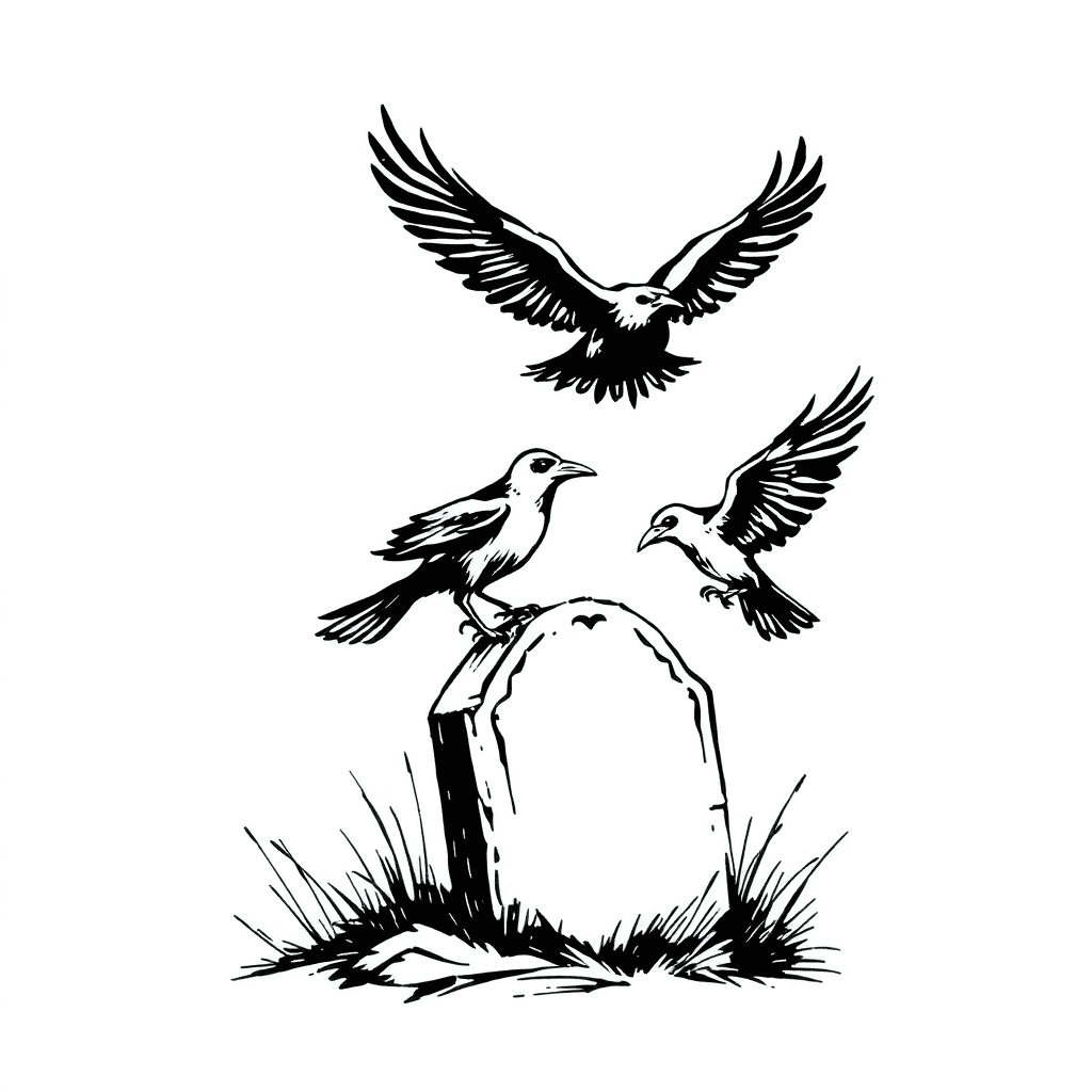 Crows Flying And Gravestone