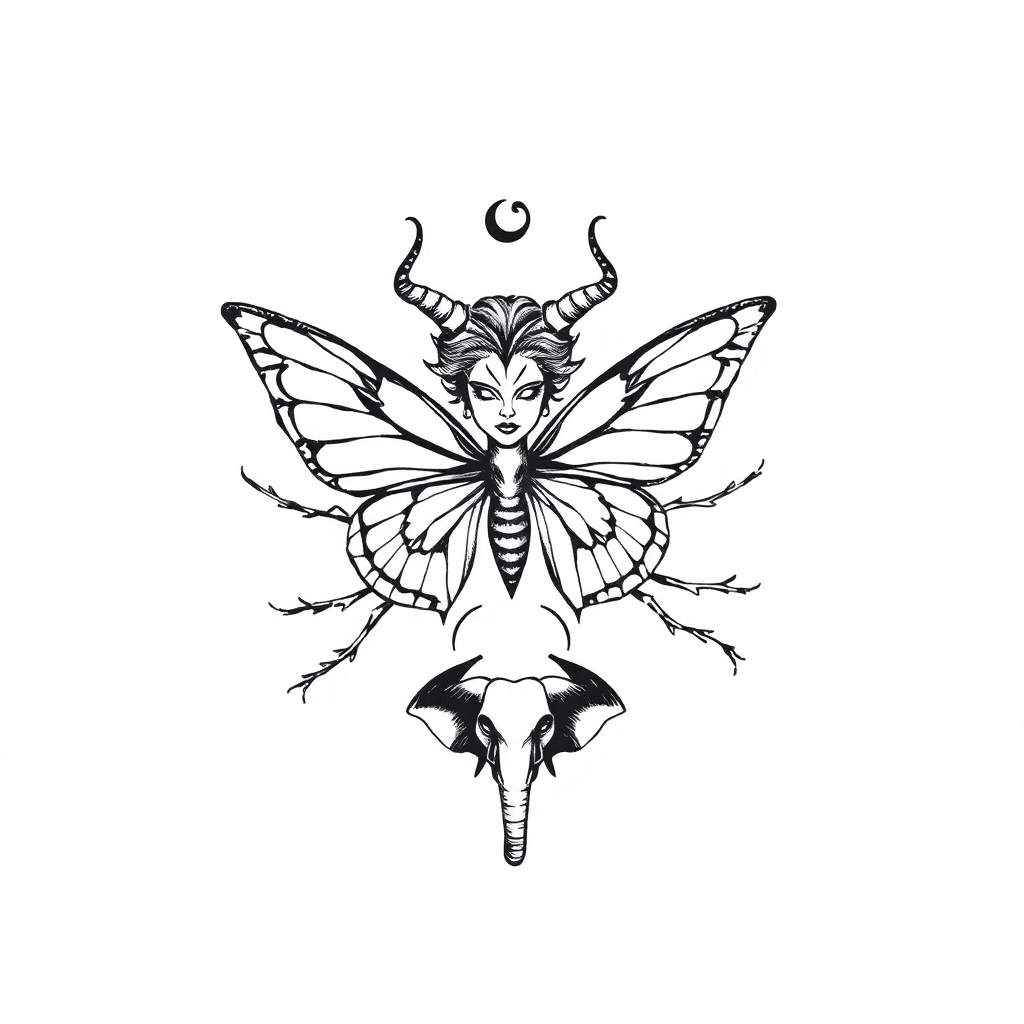 Butterfly Tattoo With Medusa, Thorny Branches, Semicolon, Maleficent Horns, And Elephant Silhouette”