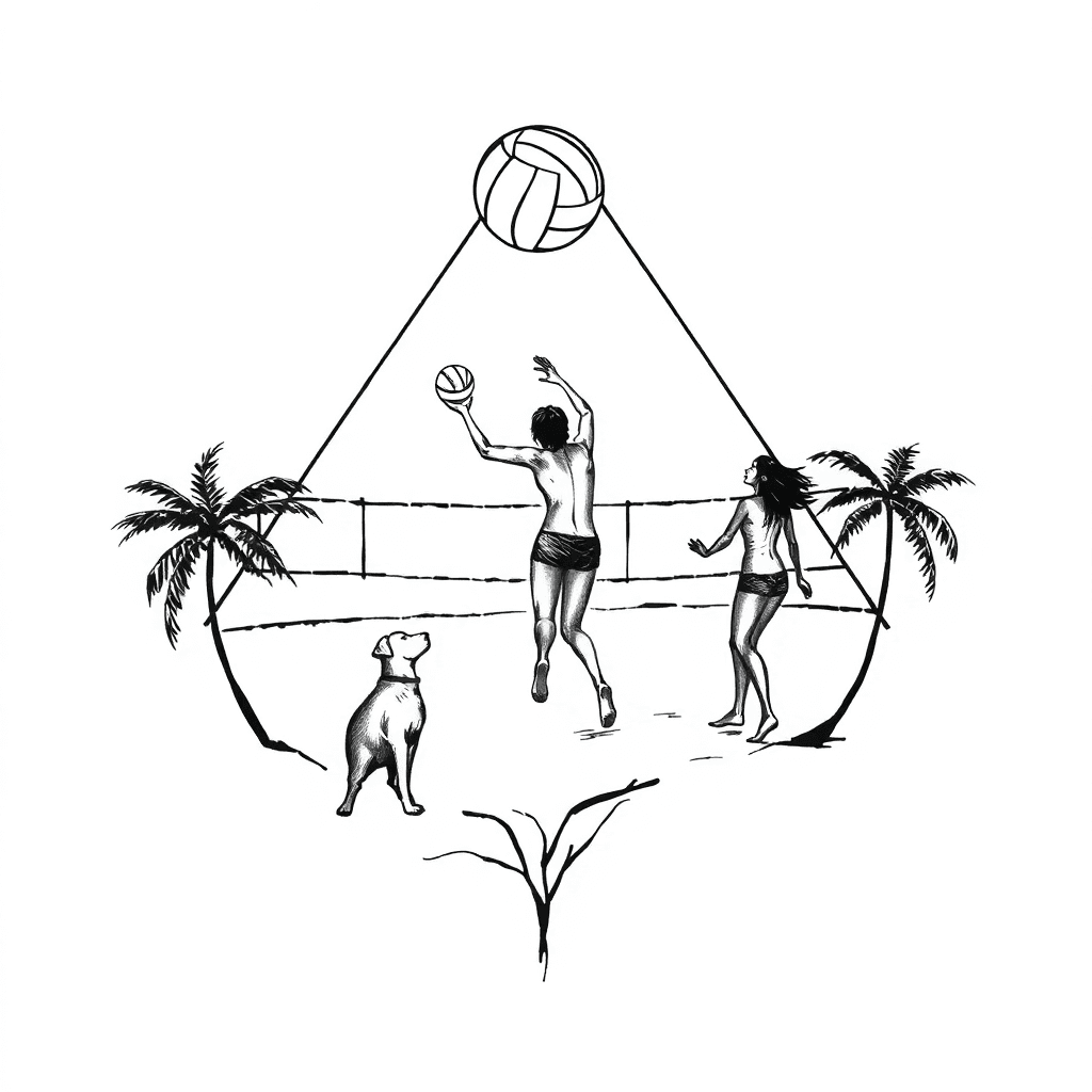 Erstelle Ein Bild: Vorlage Für Tattoo In Einem Dreieck Enthalten Soll Sein Beachvolleyball, Größter Motivator Wissen Und Meine Familie Mit Kind, Frau Und Hund