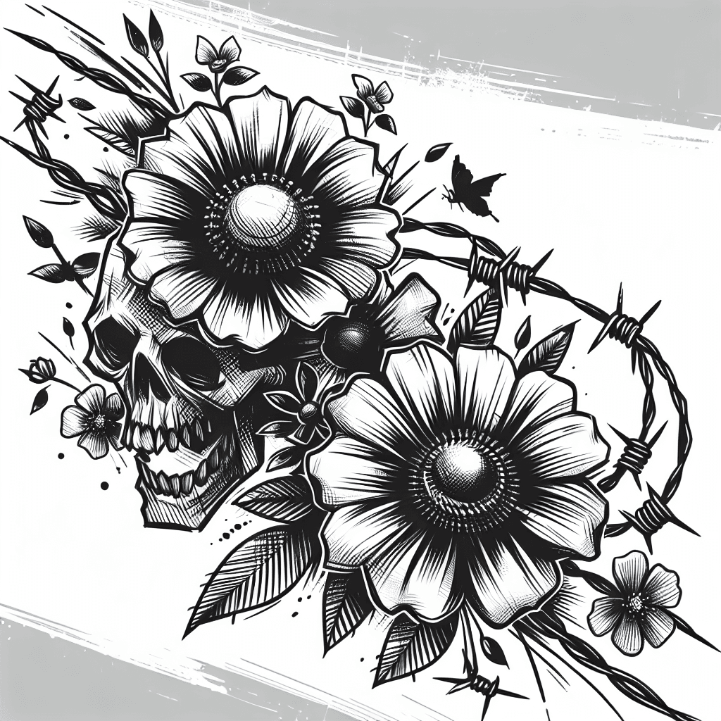 Summer Flowers With Barb Wire And Skulls