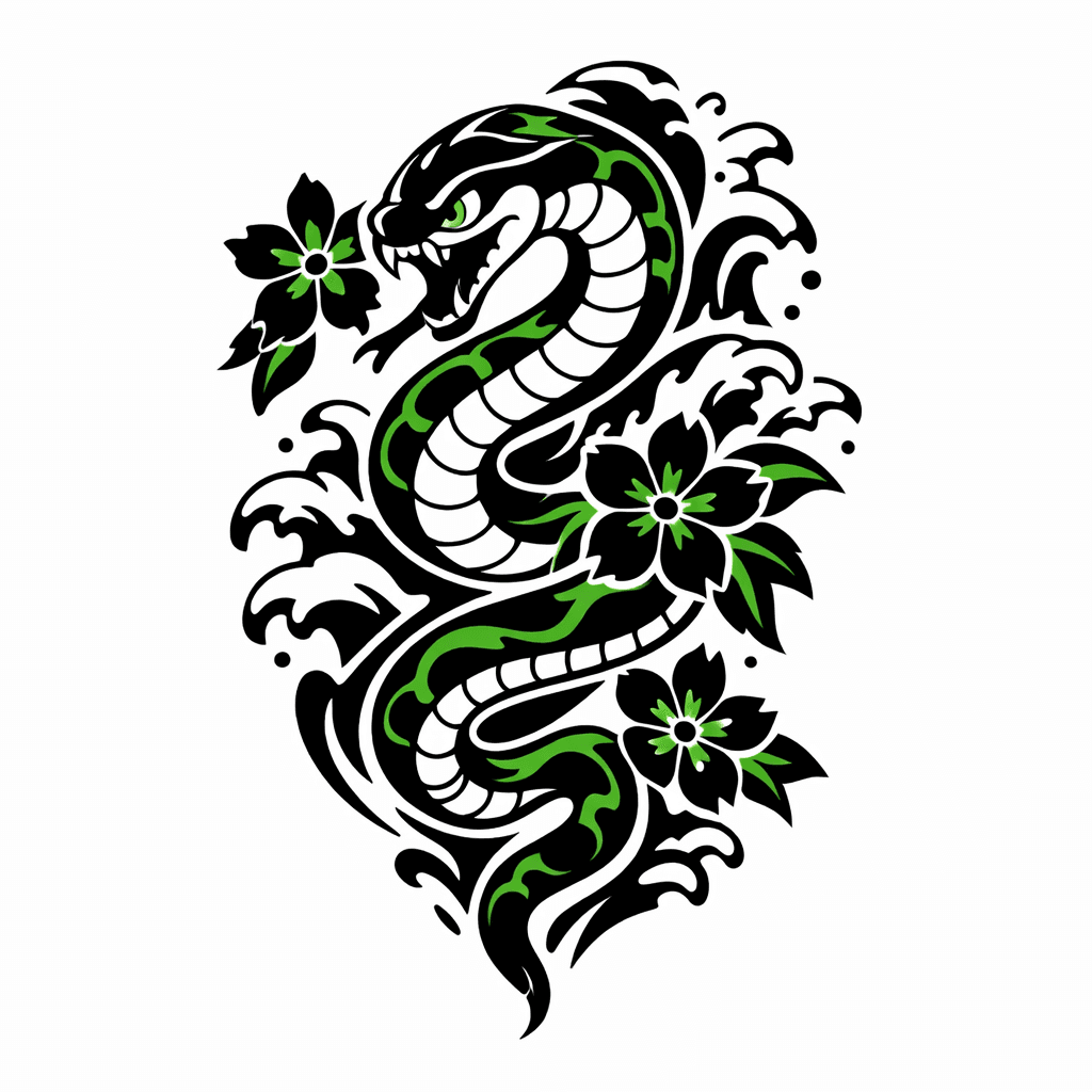 Black And Green Tattoo Of A Snake, Waves And Flowers