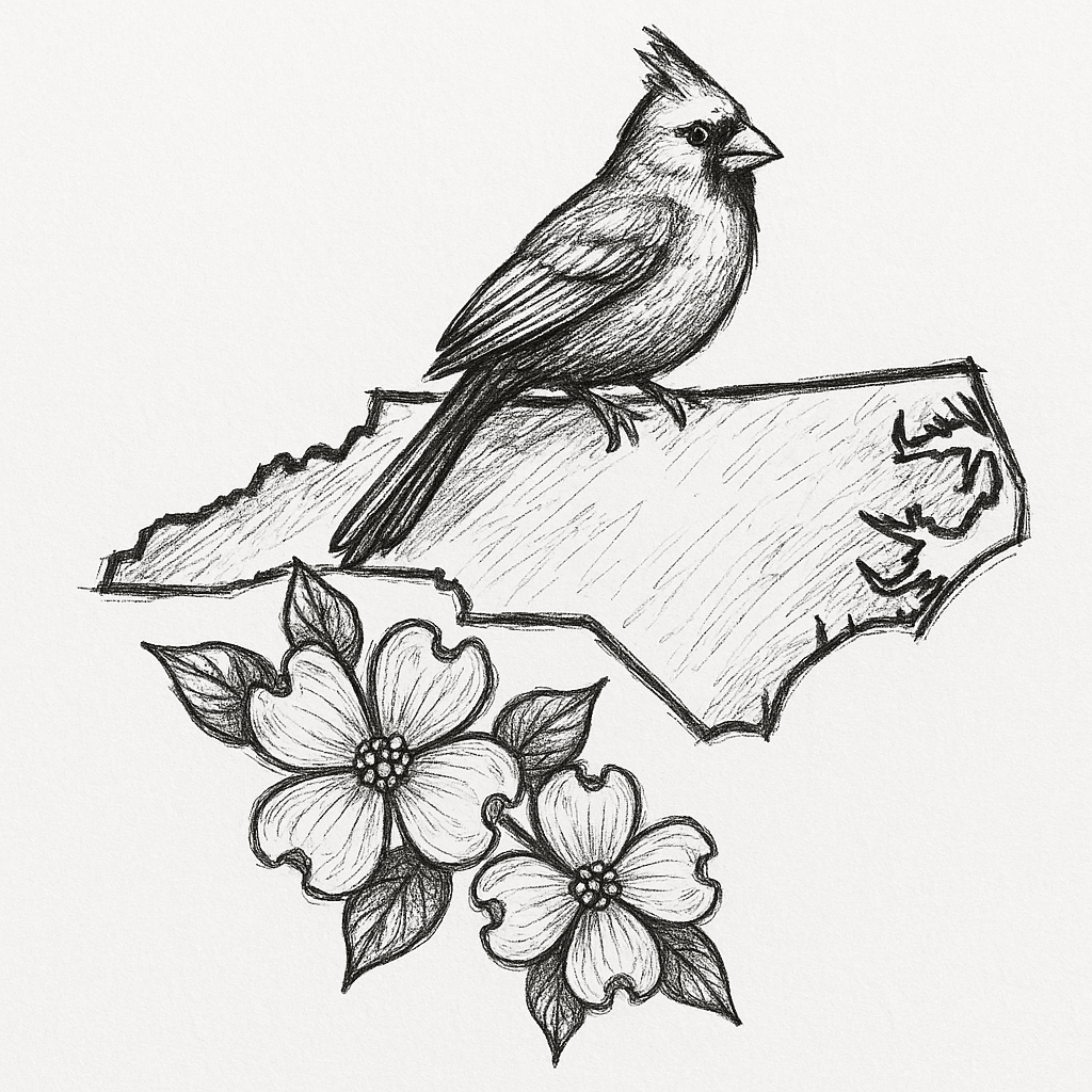 The State Of North Carolina With Dogwood Flowers And A Cardinal