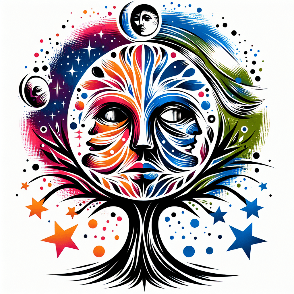 Style Of Draw A Tattoo With A Large Tree Of Life As The Background, A Half Moon With A Merged Face (eyes, Nose, Mouth), And Three Shooting Stars Representing My Wife, Son, And Daughter